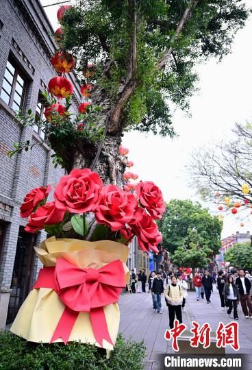 3月17日，福州三坊七巷南后街，街头许多原来光秃秃的树木底部被扮靓成“一束花”，为街区的春天增添了一抹亮色。中新社记者 张斌 摄